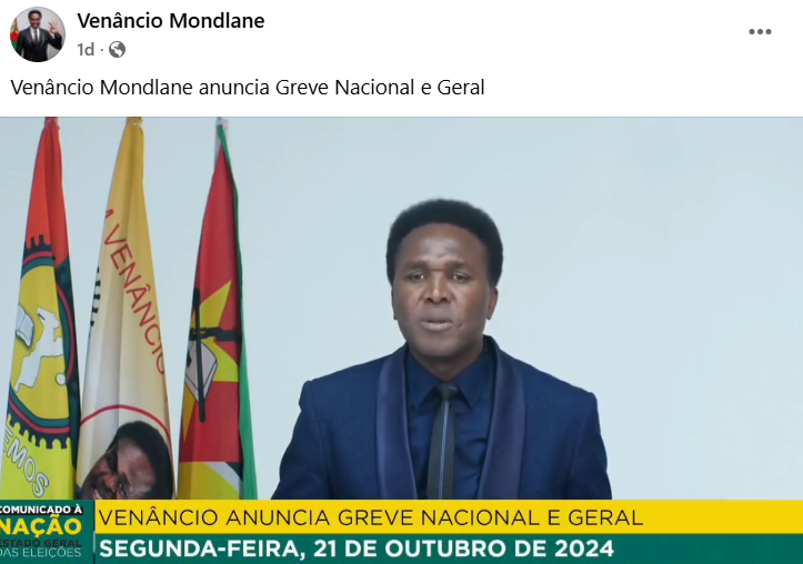 Venâncio Mondlane convoca greve geral para segunda-feira